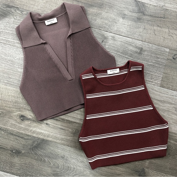Babaton Tops - Babaton Cropped Sculpt Knit Polo & Striped Tank Duo - Mauve & Wine Large